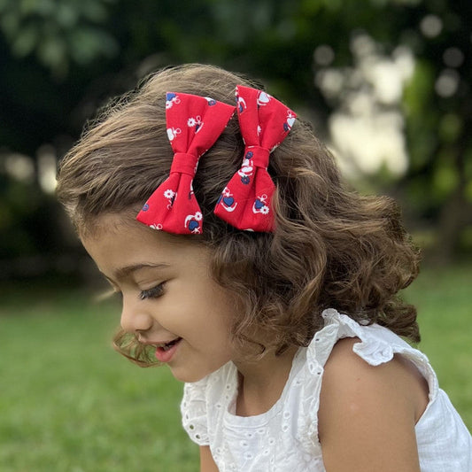 Crimson Printed Fabric Bow Hairclip Set for Girls & Kids - Red, Blue, White Choko