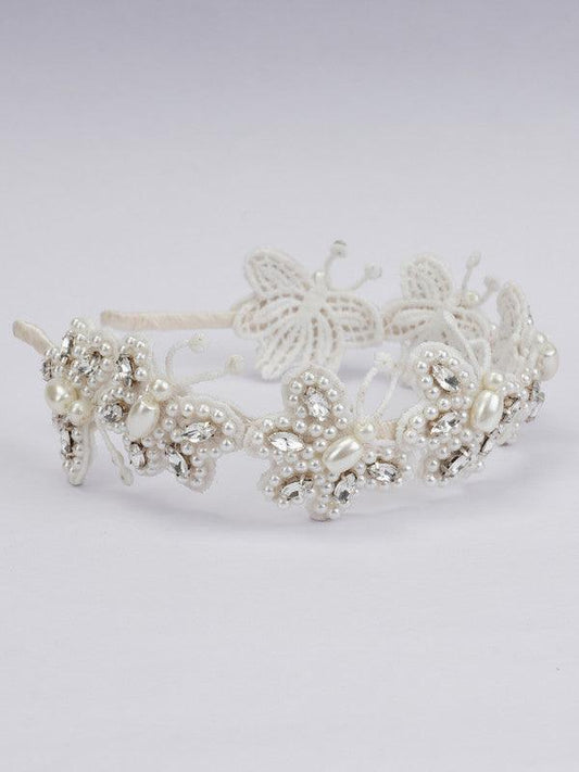 Whimsical Butterfly Dreams Hairband for Girls & Kids - White, Pearls, Glass Beads Choko