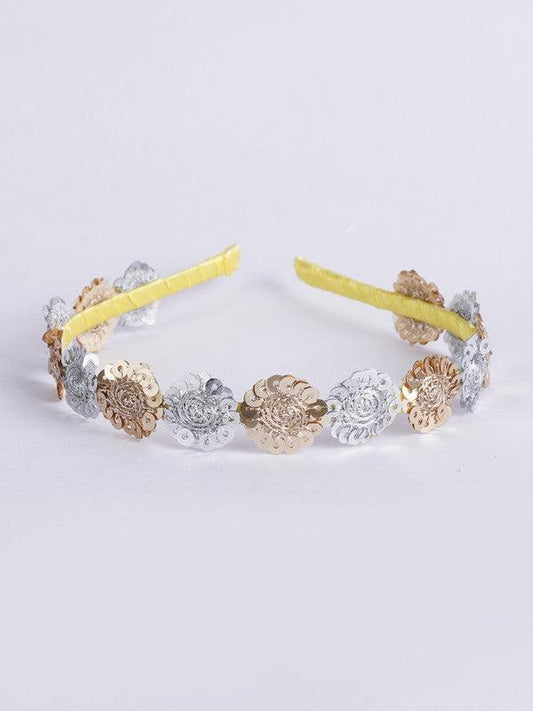 Floral Threaded Sequin Hairband for Girls & Kids - Yellow, Gold, Silver Choko