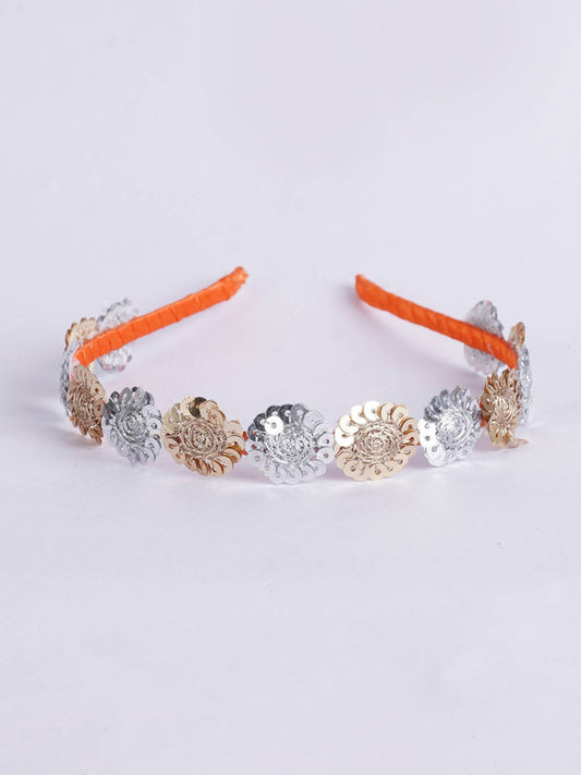 Floral Threaded Sequin Hairband - Orange, Gold, Silver