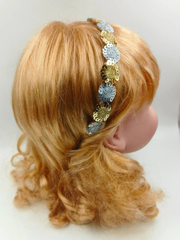 Floral Threaded Sequin Hairband - Orange, Gold, Silver