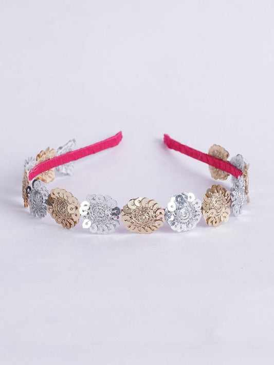 Floral Gold & Silver Sequin Hairband for Girls & Kids - Pink Satin Ribbon Choko