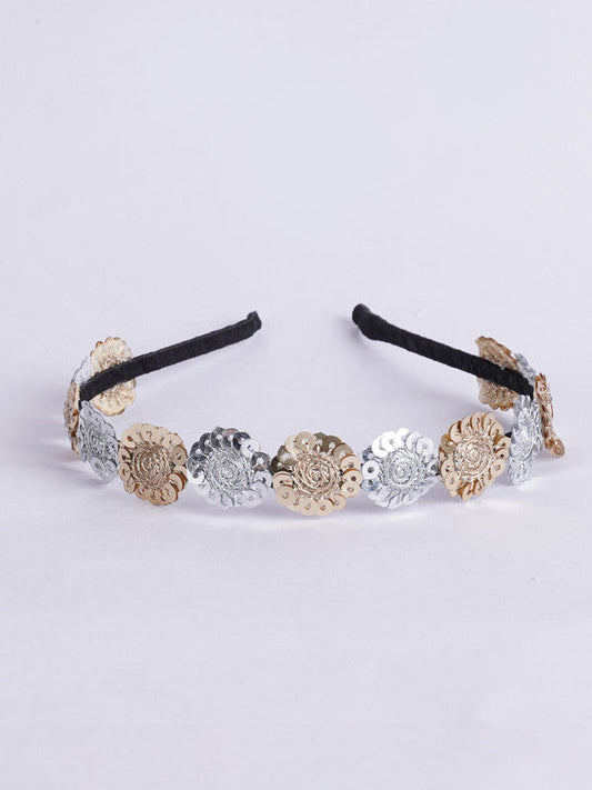 Net Floral Gold & Silver Sequin Hairband for Girls & Kids - Black Satin Base Choko