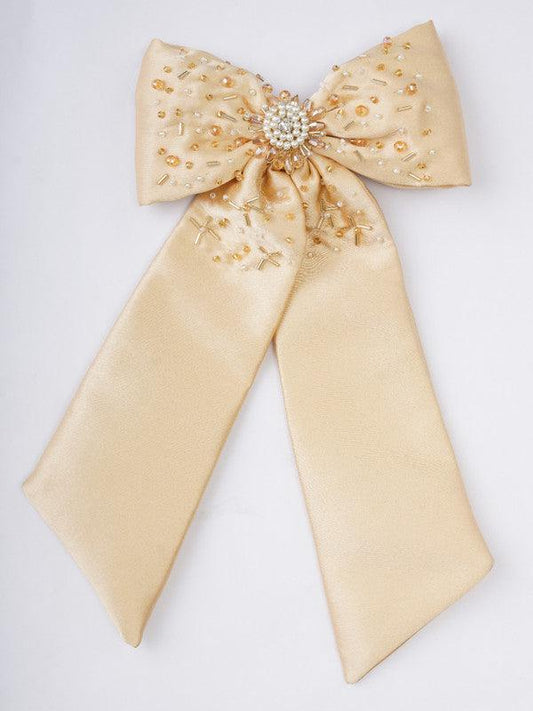 Charming Beige Satin Bow Hair Clip for Girls & Kids - Golden Glass & Pearls Choko