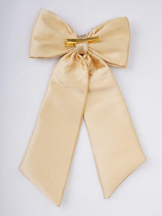 Charming Beige Satin Bow Hair Clip for Girls & Kids - Golden Glass & Pearls Choko