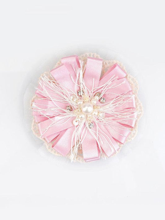 Pink Satin & Tulle Net Alligator Hair Clip for Girls & Kids - Pearls & Feathers Choko