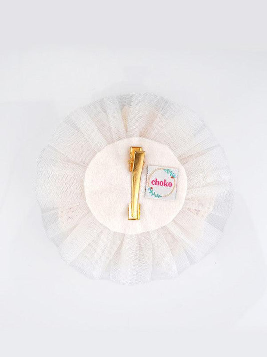 Pink Satin & Tulle Net Alligator Hair Clip for Girls & Kids - Pearls & Feathers Choko