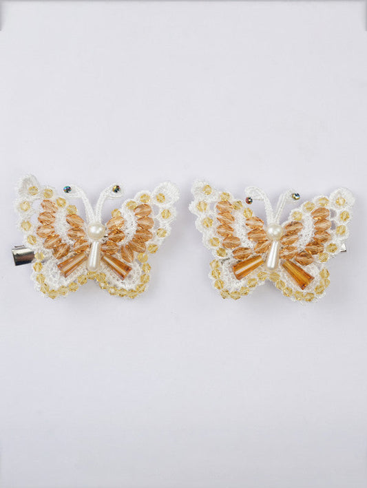 Set of 2 Golden Glow Butterfly Duo Clips for Girls & Kids - Gold, White Choko
