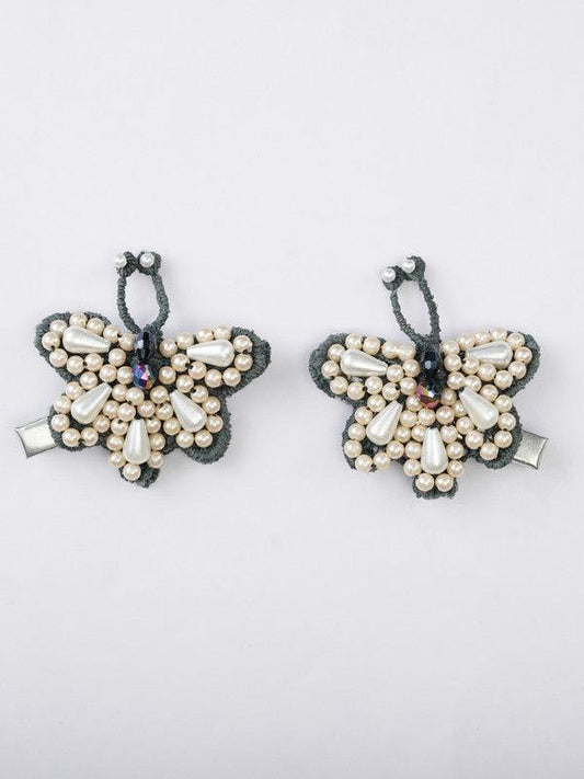 Set of 2 Butterfly Elements Hair Clip for Girls & Kids - Greyish Blue, Pearls & Crystals Choko