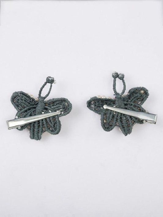 Set of 2 Butterfly Elements Hair Clip for Girls & Kids - Greyish Blue, Pearls & Crystals Choko