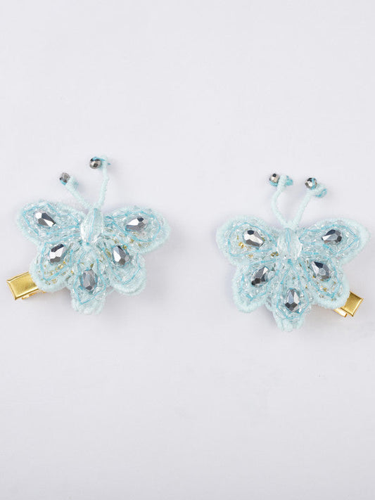 Dreamy Blue Butterfly Beauty Hairclip Pair for Girls & Kids - Threaded Cotton & Crystals Choko