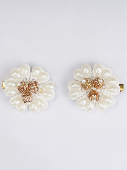 Set of 2 Floral Hair Clips for Girls & Kids - Off White Cotton & Golden Zari Choko