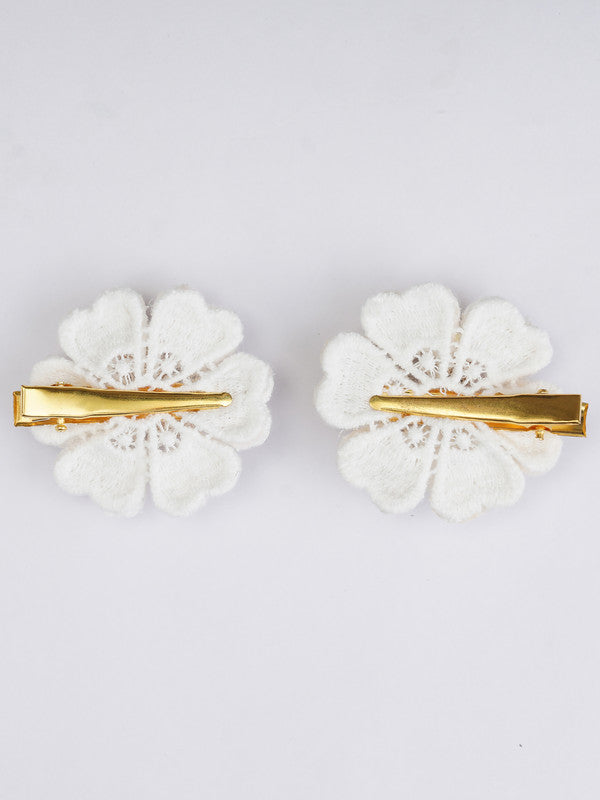 Set of 2 Floral Hair Clips for Girls & Kids - Off White Cotton & Golden Zari Choko