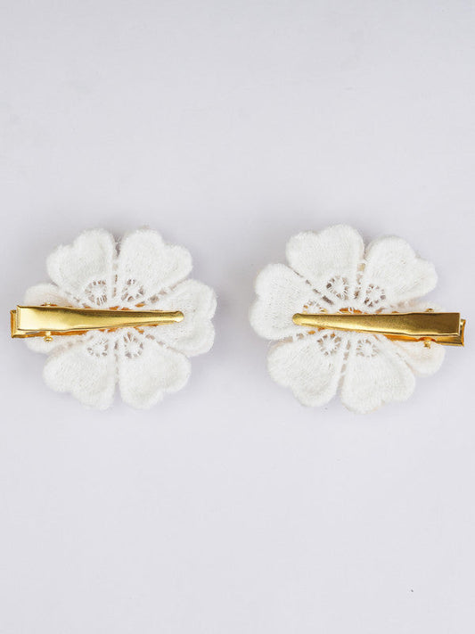 Set of 2 Floral Hair Clips for Girls & Kids - Off White Cotton & Golden Zari Choko