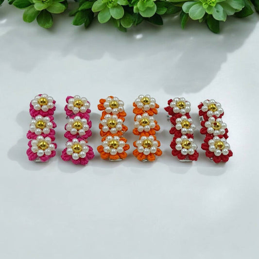 Choko Set of 6 - Flowery Cotton and Pearl Hairclip Set - 3 Pairs (Red, Maroon, Orange)