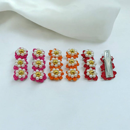 Choko Set of 6 - Flowery Cotton and Pearl Hairclip Set - 3 Pairs (Red, Maroon, Orange)