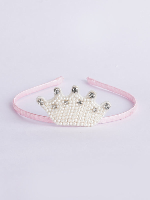 Pink Satin Ribbon Hairband with Crown Element for Girls & Kids - Pearls & Crystals Choko