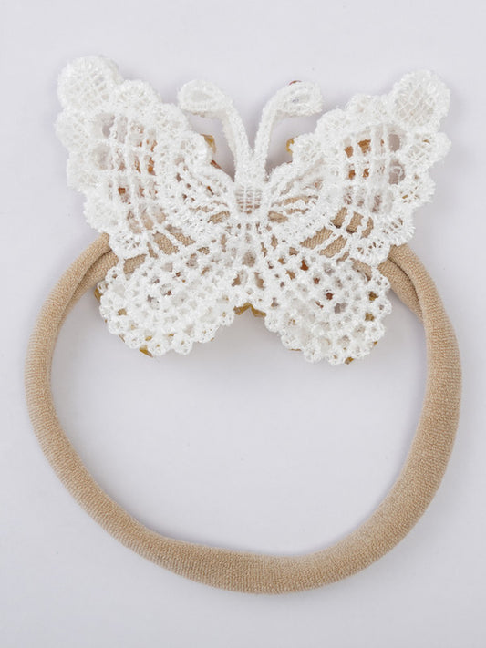 Cream Nylon Hair Tie for Babies - Butterfly Element with Crystal Beads & Pearls
