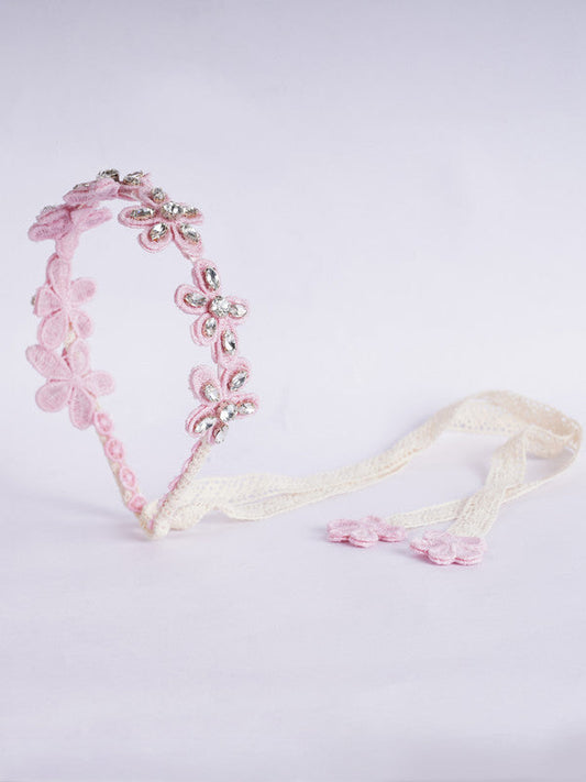 Pink Hair Band with Cotton Threaded Flower & Glass Stone for Girls & Kids - Cream Lace Detail Choko