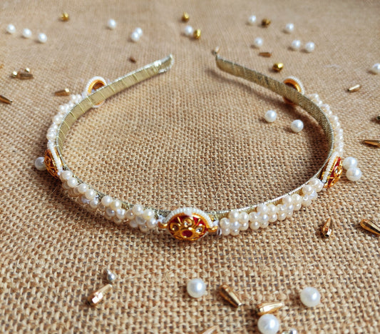 Hair Band with Jadau Beads & Pearl Flowers for Girls & Kids - White, Red, Gold Choko
