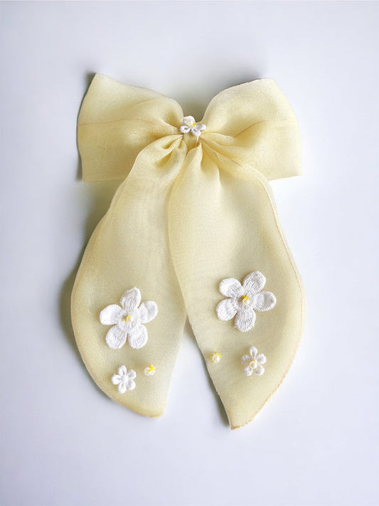 Lemony Organza Bow Hair Clip for Girls & Kids - Cotton Flowers & Pearls Choko