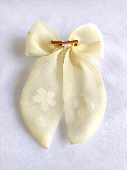 Lemony Organza Bow Hair Clip for Girls & Kids - Cotton Flowers & Pearls Choko