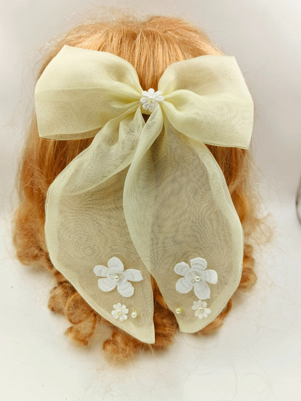 Lemony Organza Bow Hair Clip for Girls & Kids - Cotton Flowers & Pearls Choko