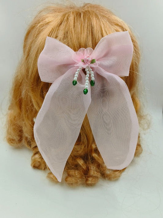 Satin Bow Hair Clip for Girls & Kids - Baby Pink, Pearl Floral Accent Choko