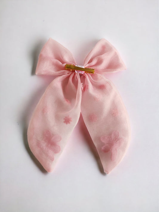Organza Bow Alligator Hair Clip for Girls with Threaded Flower Embellishments - Pink