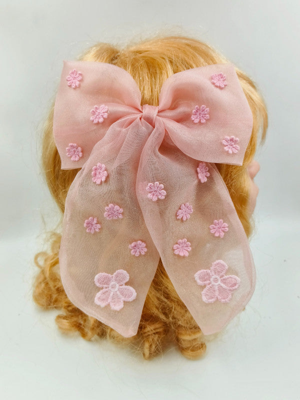 Organza Bow Alligator Hair Clip for Girls with Threaded Flower Embellishments - Pink