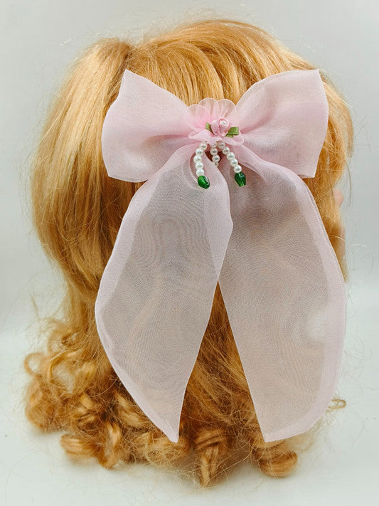 Satin Bow Hair Clip for Girls & Kids - Baby Pink, Pearl Floral Accent Choko