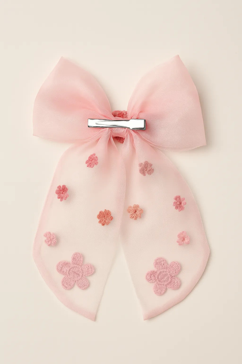 Choko Organza Bow Alligator Hair Clip with Threaded Flower Embellishments for Girls — Pink - Choko