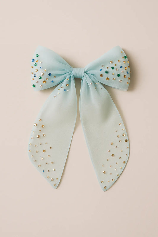 Choko Organza Bow Hair Clip with Crystal Stone Embellishments Blue, White, Yellow for Girls - Choko