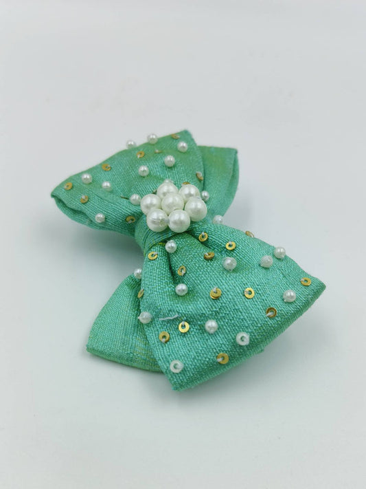 Choko Green Bow Hairclip with Pearl and Sequin Embellishments - Kids' Hair Accessory