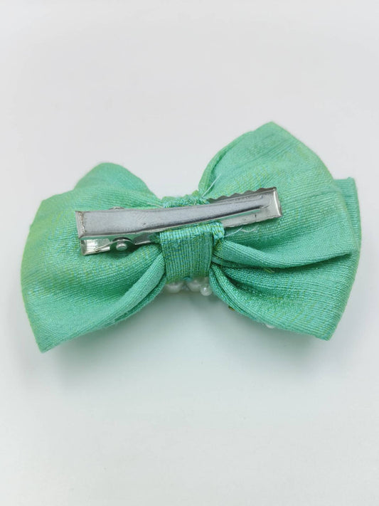 Choko Green Bow Hairclip with Pearl and Sequin Embellishments - Kids' Hair Accessory
