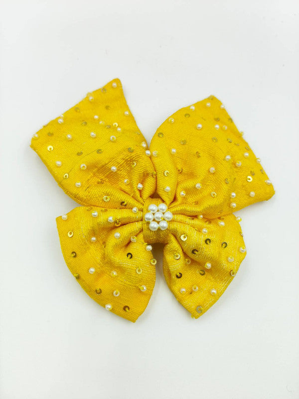 Choko Beads Embellished Floral Bowie Hairclip for Girls - Mustard Yellow