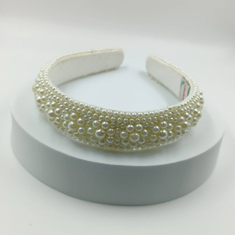 Choko Beads and Pearls Accent Broad Hairband for Girls - Off White