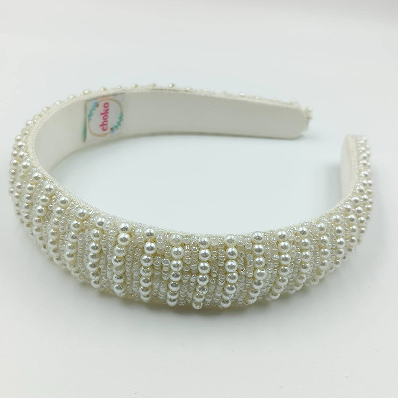 Choko Beads and Pearls Accent Broad Hairband for Girls - Off White