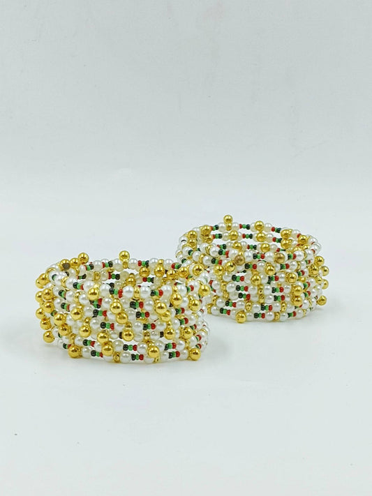 Choko Bangles Set for Babies and Girls - Beaded - Off White, Green, Gold - Diwali