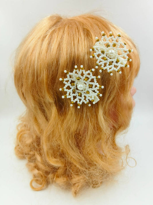 Choko Santa's Xmas Snowflake Hairclips - White, Gold