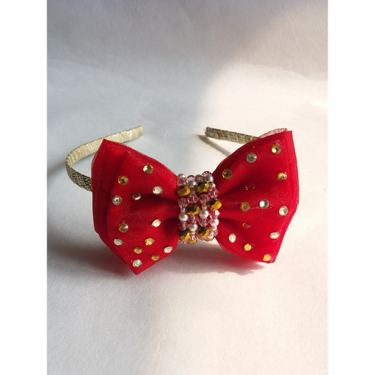 Santa's Xmas Bow Hairband for Girls & Kids - Red & Gold Festive Sparkle
