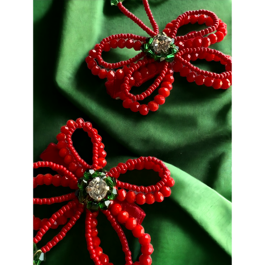 Red Beaded Butterfly Hair Clip for Girls - Festive Flair with Green Gems