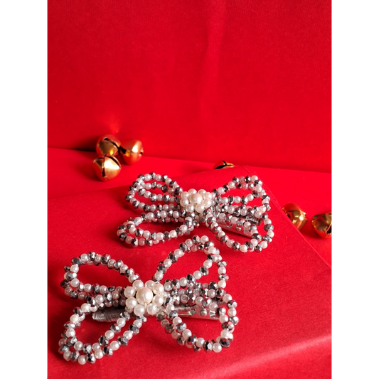 Choko Kids' Hair Clips - Silver Pearl & Crystal Bow Accessories (Set of 2)