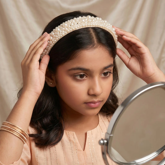 Choko Beads and Pearls Accent Broad Hairband for Girls - Off White - Choko