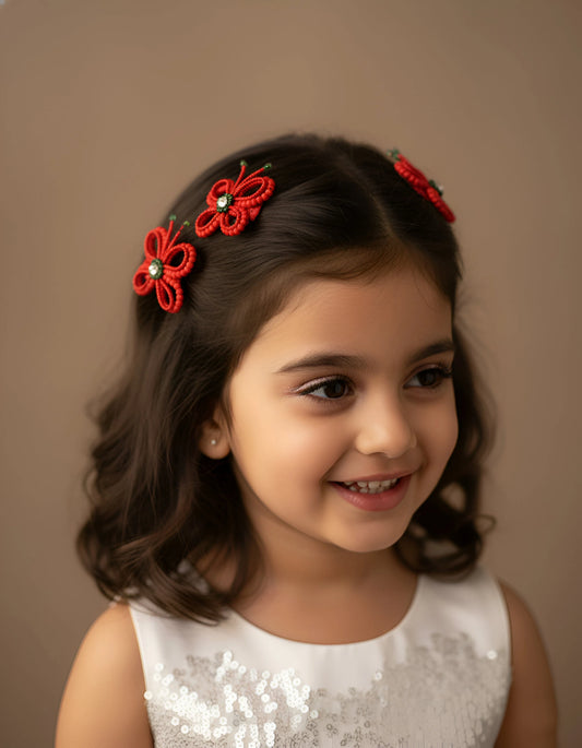 Choko Red Beaded Butterfly Hair Clip Festive Flair with Green Gems for Girls - Choko