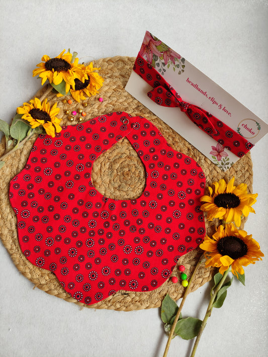 Choko Baby Bib with Snap Button Closure & Matching Headband Set - Red  -  Kids Accessories