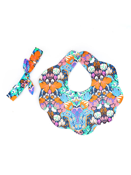 Choko Baby Bib with Snap Button Closure & Matching Headband Set - Blue  -  Kids Accessories