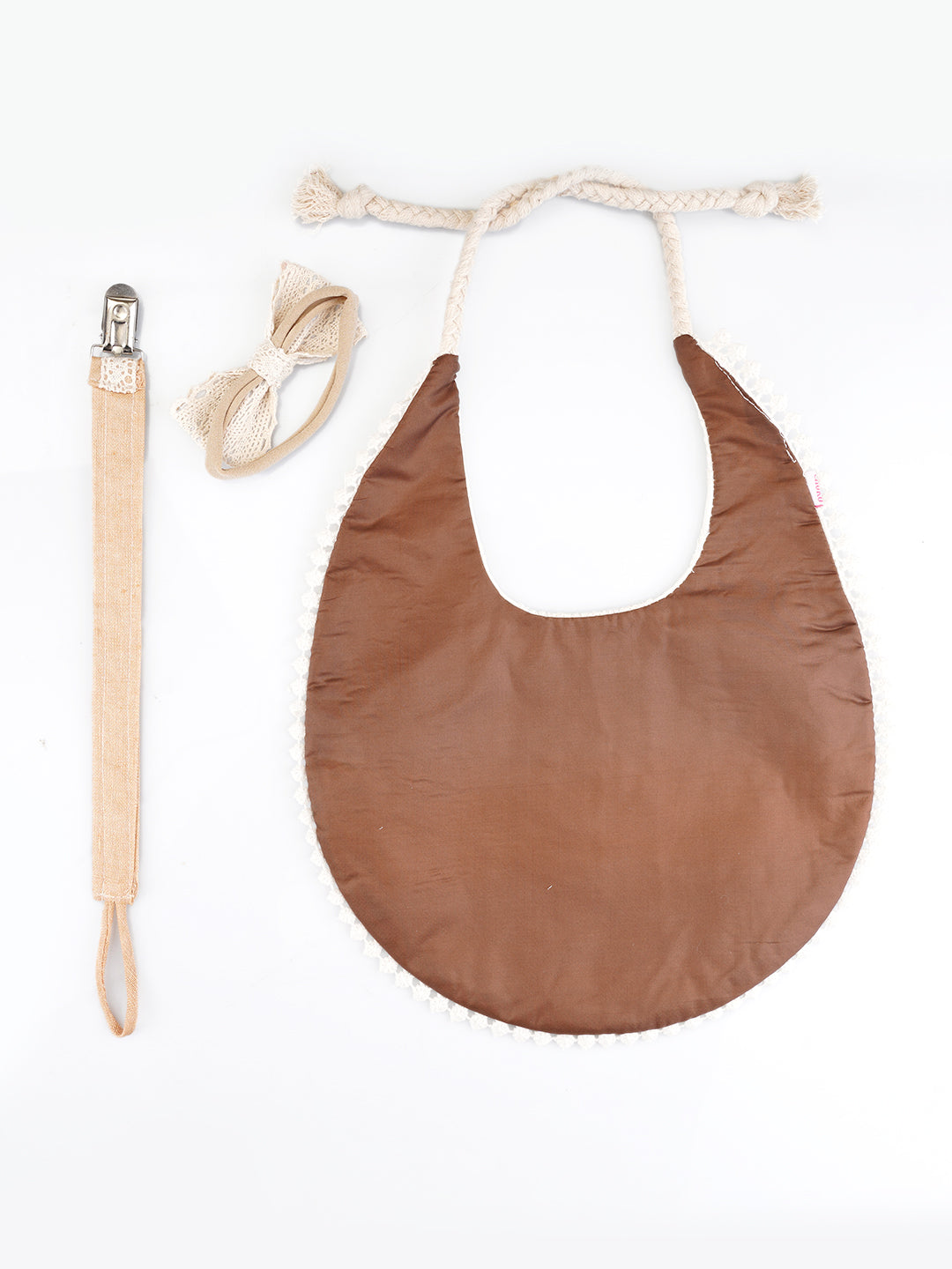 Choko Baby Bib Set with Adjustable Soft Dori, Matching Headband and Pacifier Clip Holder for Baby Girls — Beige - Choko
