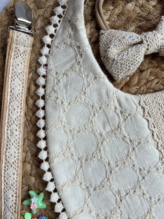 Choko Baby Bib Set with Adjustable Soft Dori, Matching Headband and Pacifier Clip Holder - Beige -  Kids Accessories