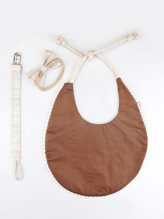 Choko Baby Bib Set with Adjustable Soft Dori, Matching Headband and Pacifier Clip Holder - Off White  -  Kids Accessories